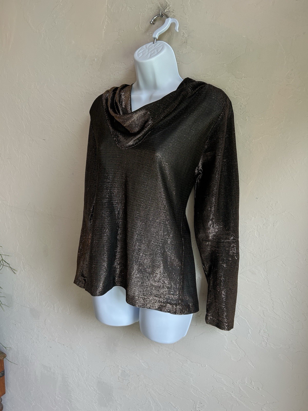 Vintage 1970s Teddi Of California Metallic Top 10 Cowl Disco Glam Bronze Lamé