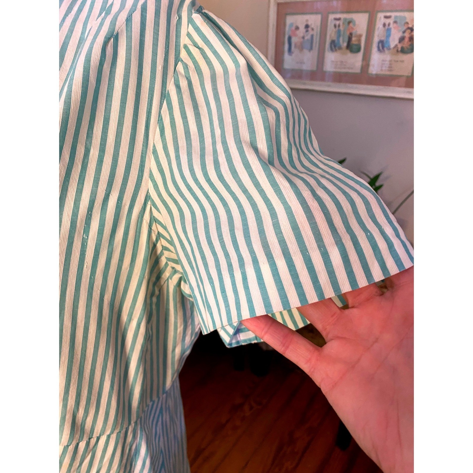 VTG 50’s Teal White Striped Short Sleeve Day Dress handmade rockabilly
