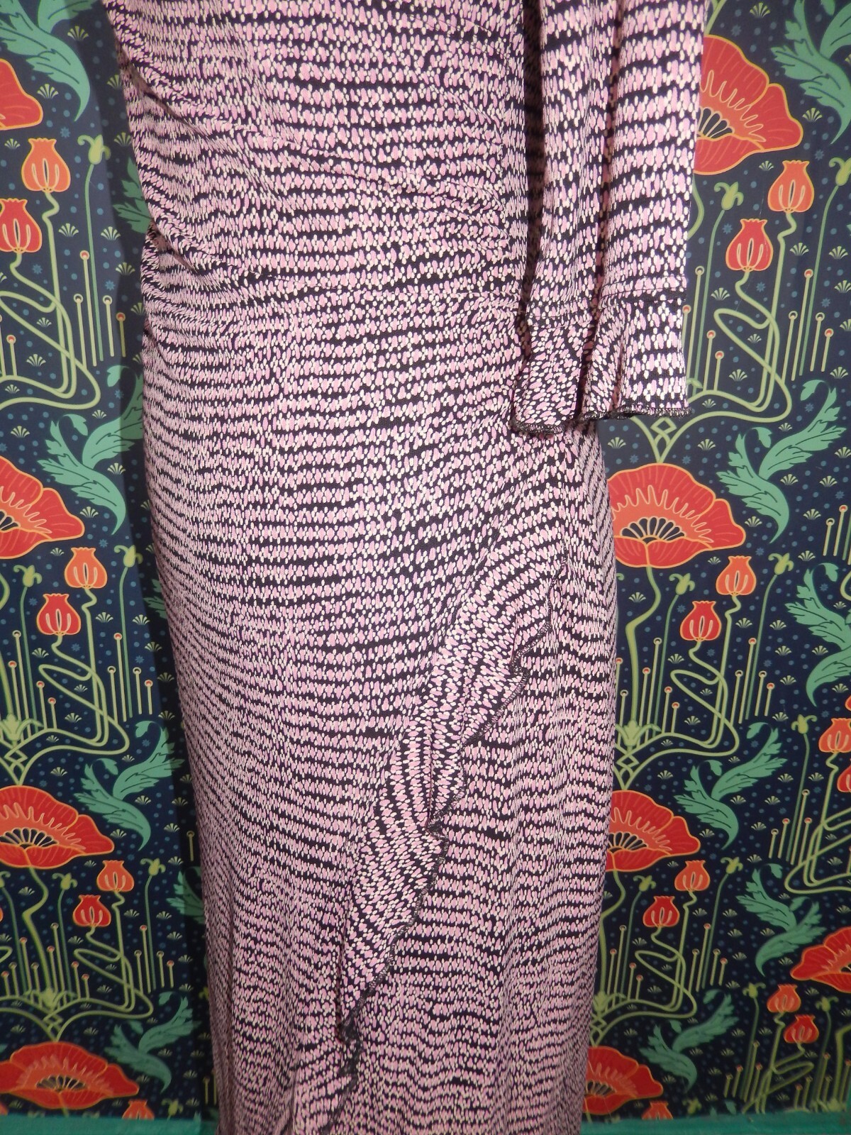 Vintage 90’s Y2K Black Pink Faux Wrap Flounce Ruffle Knit Dress XS