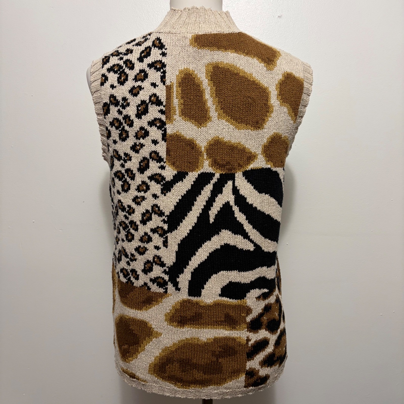 Vintage David Brooks 80: Sweater Vest L Tan Animal Print Silk Linen Mock Neck