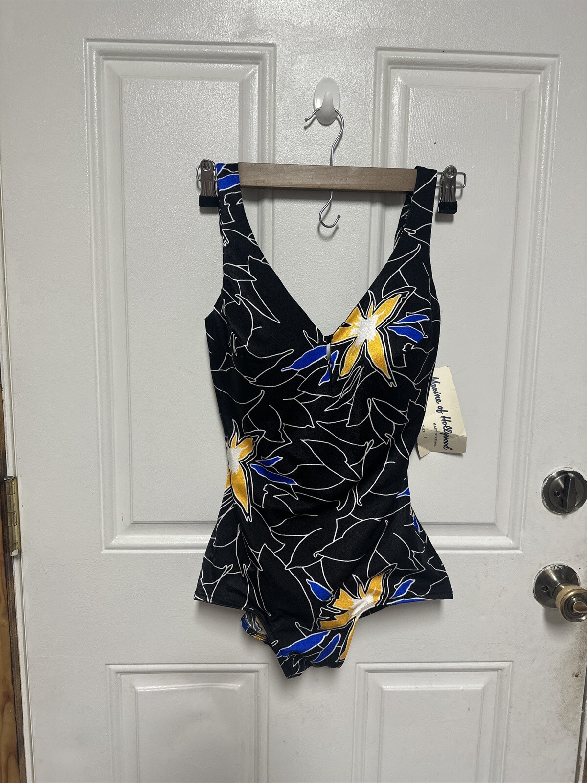 VTG’80s Black Abstract Floral Swimsuit Maxine Of Hollywood Size 12 NWT