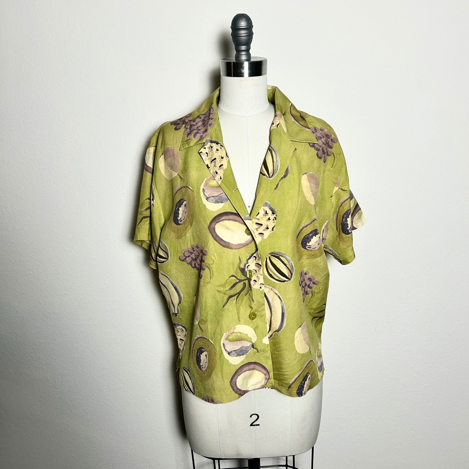VTG Picante Fruit 100% Silk Camp Cropped Button Shirt Tropical Lime Chartreuse M