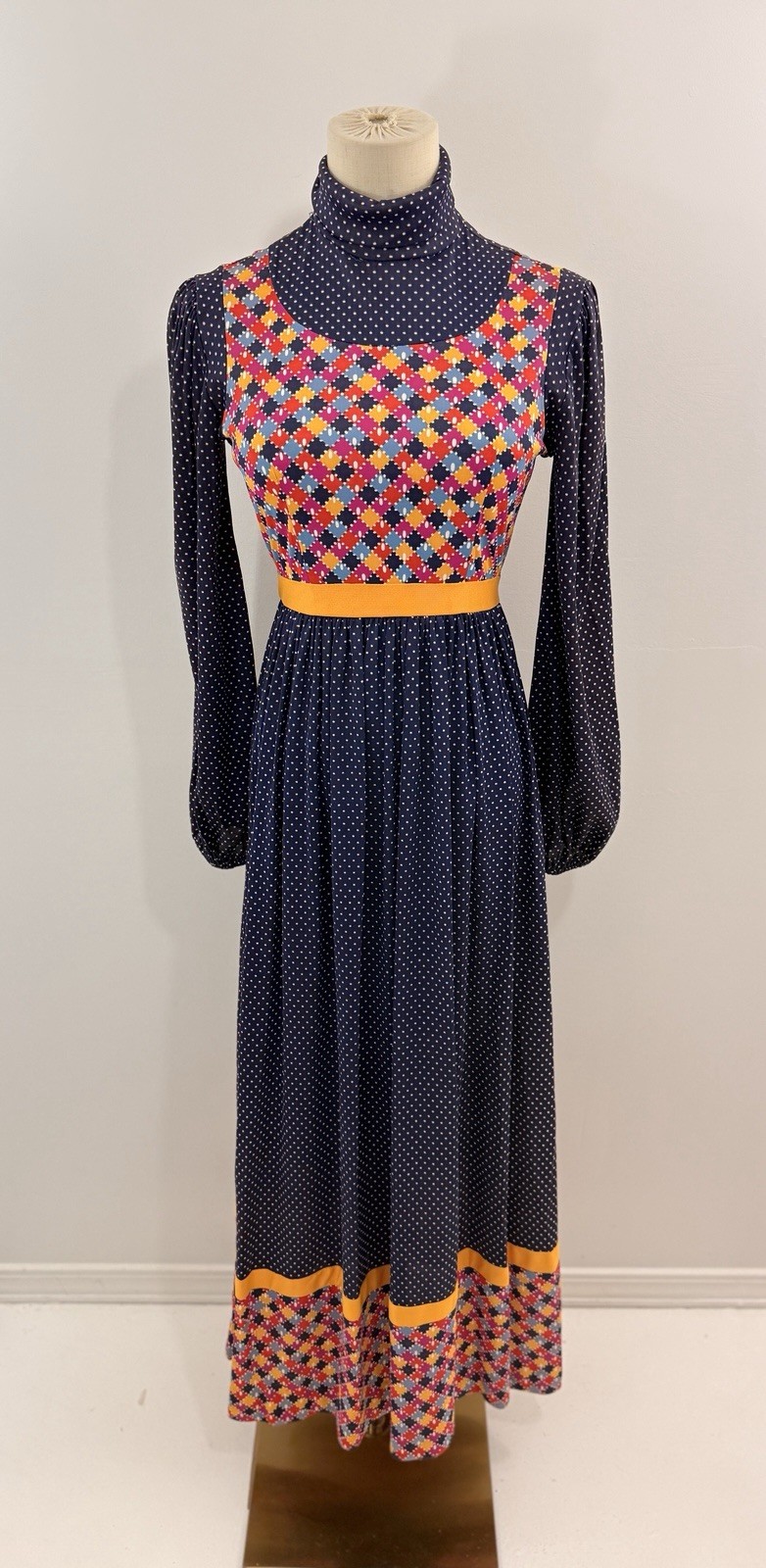 Jonathan Logan 70s VTG Navy Maxi Dress Microdot Faux Patchwork L/S Retro Boho