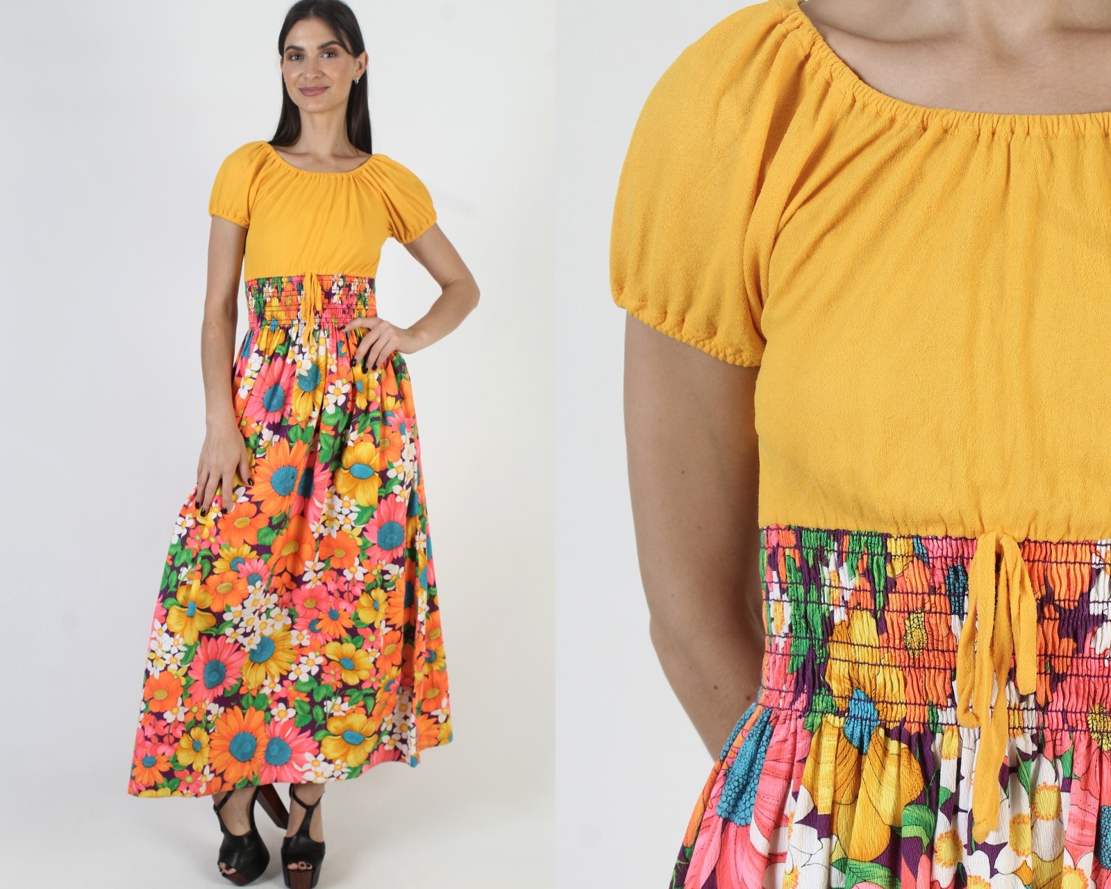 Vtg Tropical Print Dress Hawaiian Smocked High Waist Floral Tiki Luau Sundress