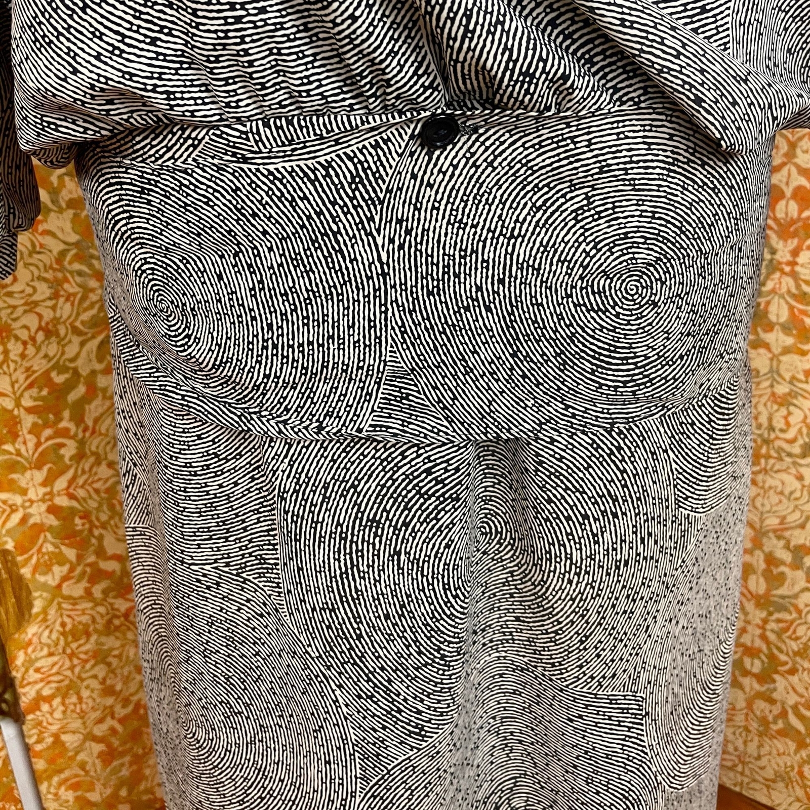 80s B&W Finingerprint Drop Waist Dress S Dawn Joy