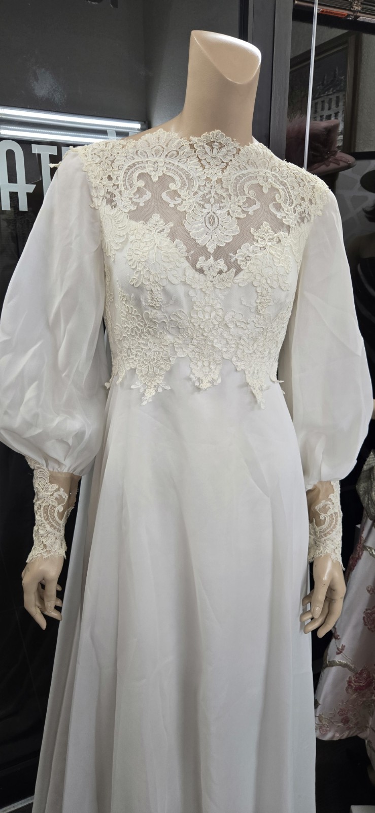 Bianchi Vintage 60s Ivory chiffon with Alencon lace trim Wedding Dress sz 8