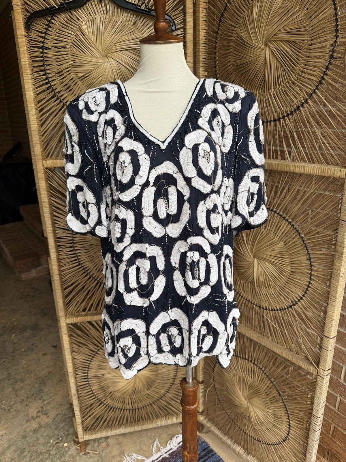 Vintage Stenay 100% Silk Beaded Top Blue Size 1X (L)Plus Size Retro Boho Blouse