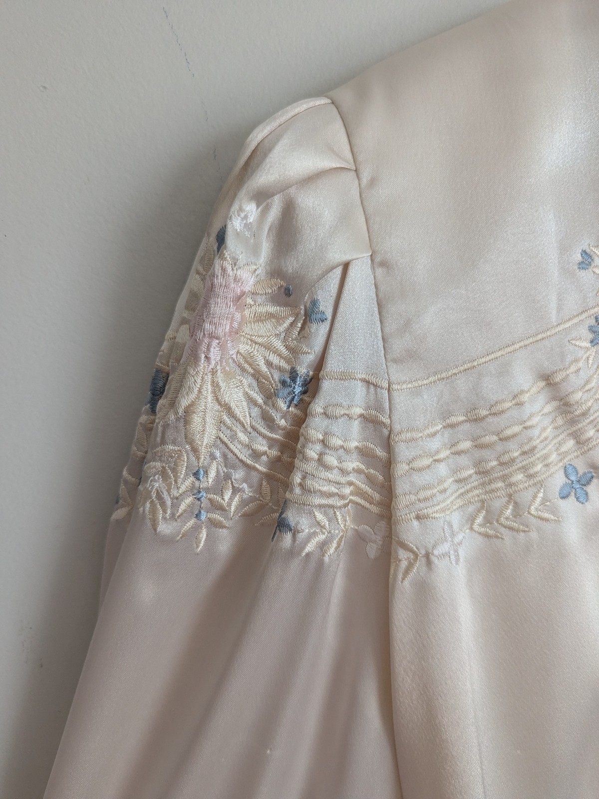 Vintage 1980s Satin Blouse Victorian Cottage Embroidered Lace High Neck Feminine