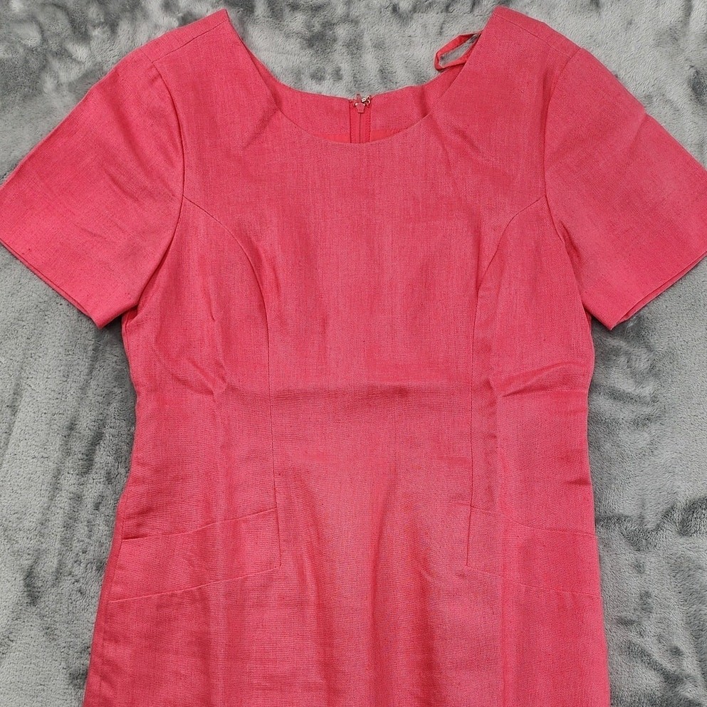 Vintage 90s Ellen Ashley Dress Womens 6 PETITE Linen Short Sleeve Sheath Pockets