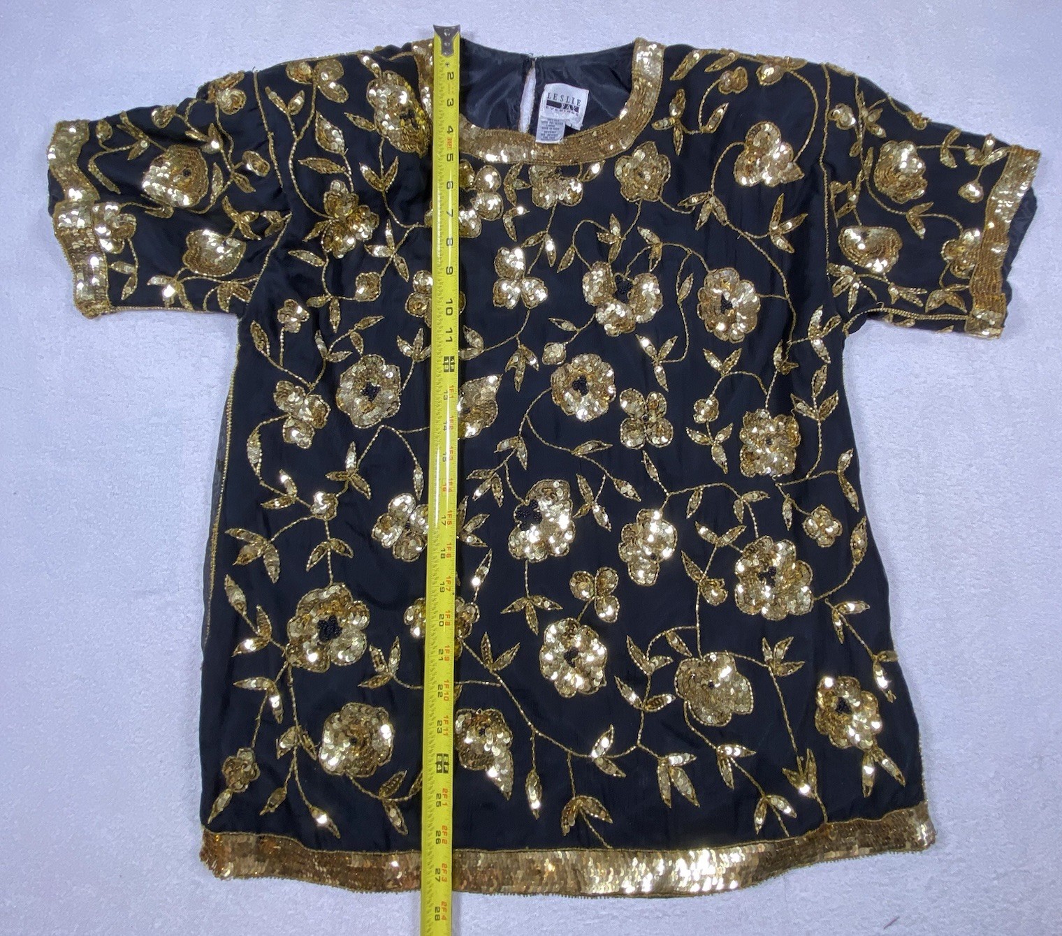 Vintage Leslie Fay Evenings Women’s L Black Gold Sequin Beaded Blouse Top