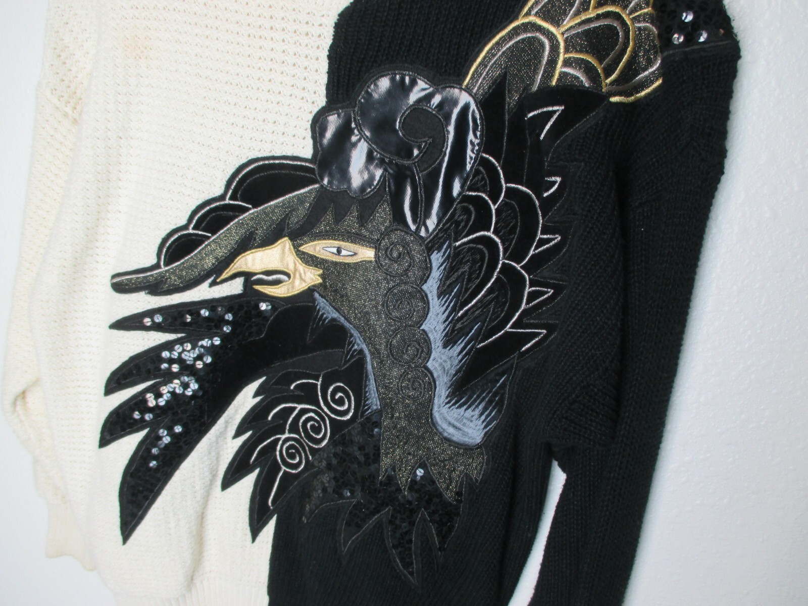 Vtg Bonnie Boerer Pret Novelty Sweater Black White Dragon Bird Applique Deco EUC