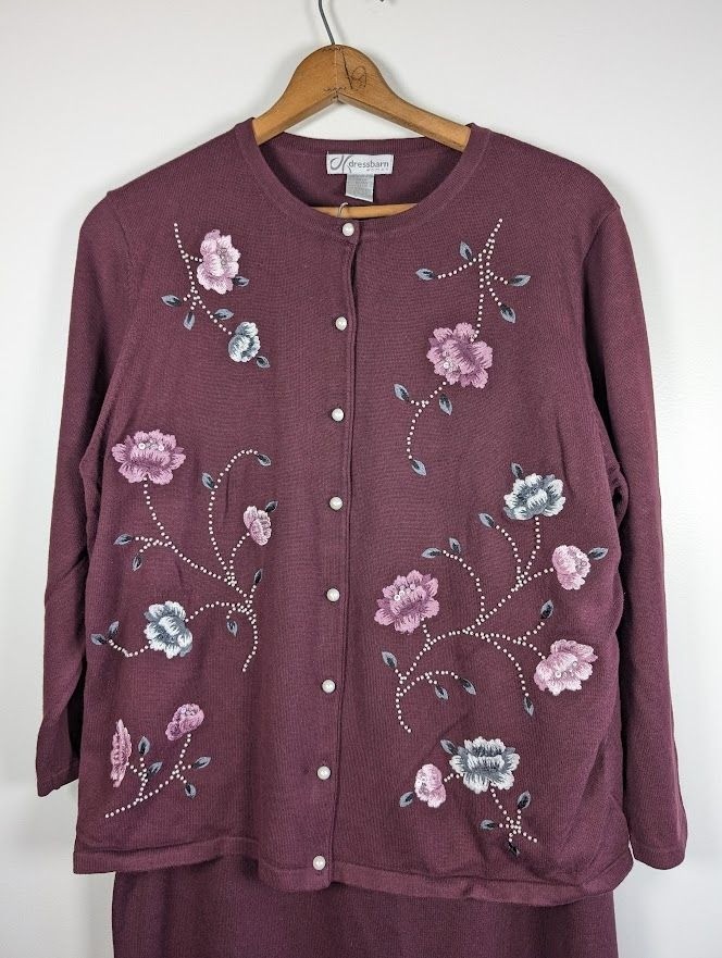 VTG 2 Piece Sweater Dress Size 18 20 Cottagecore Floral Whimsigoth Embroidered
