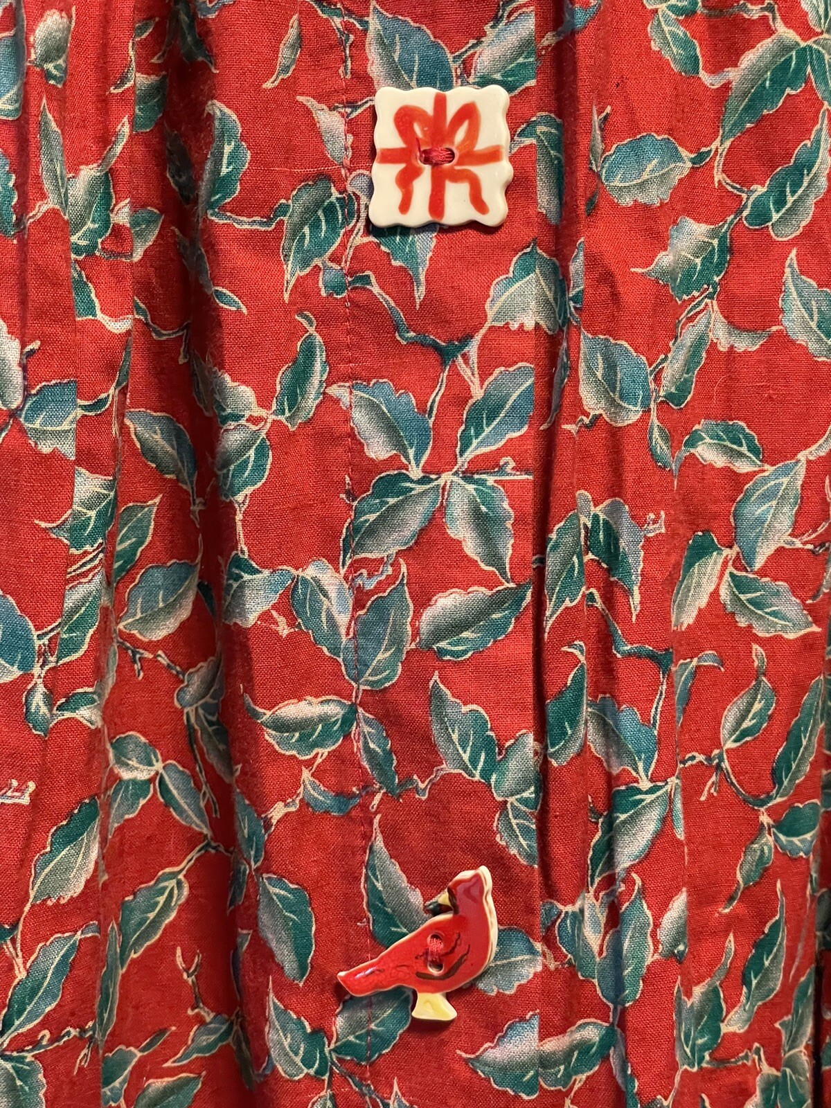 Vtg Dogwood Lane Dress S Holiday Red Green Leaves Fun Ceramic Buttons Festive