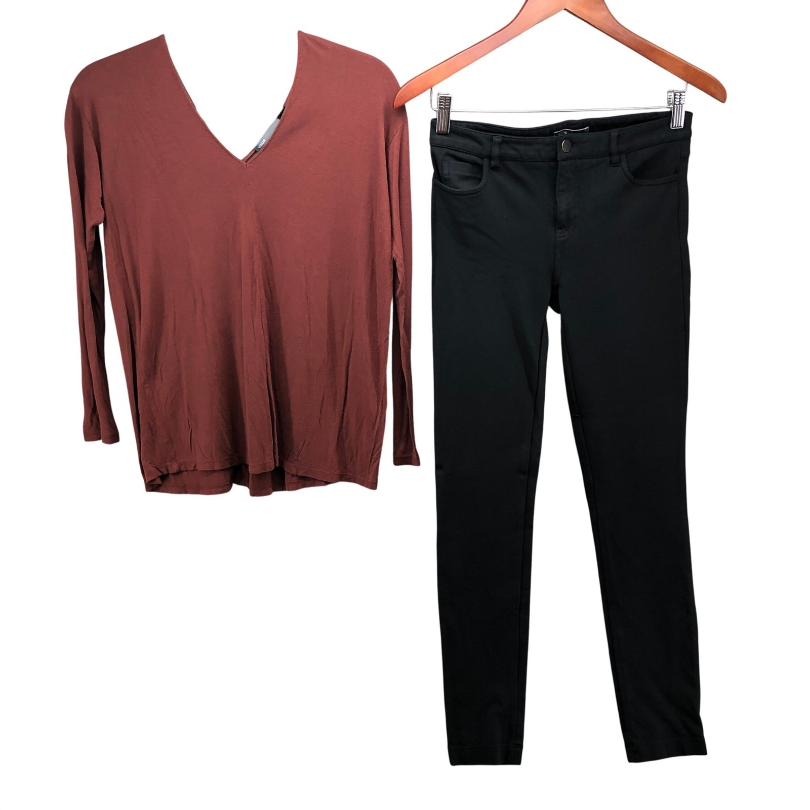 Vince Top and Pants Outfit Womens S 2 Rust Black V-Neck Skinny Trousers Set