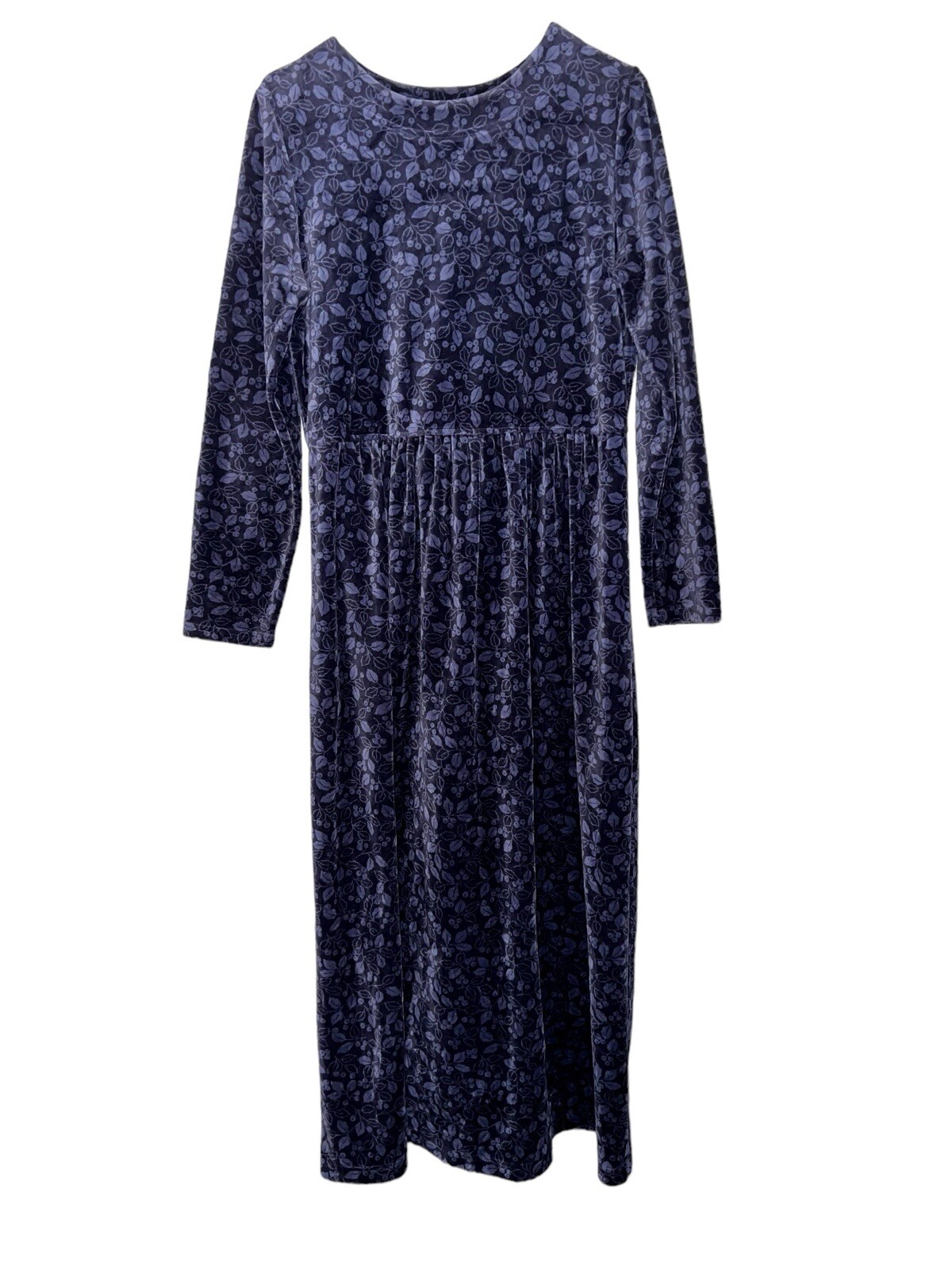 Vintage 90s LL Bean Dress Womens S/M Blue Floral Berries Pullover Midi Velour