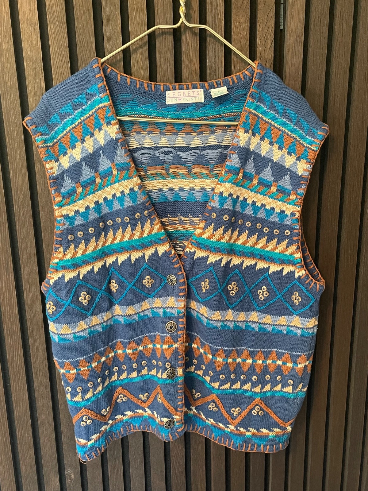 Vintage Segrets Sun Prints – Sweater Vest – Blue/Brown – Cotton/Ramie – Sz L