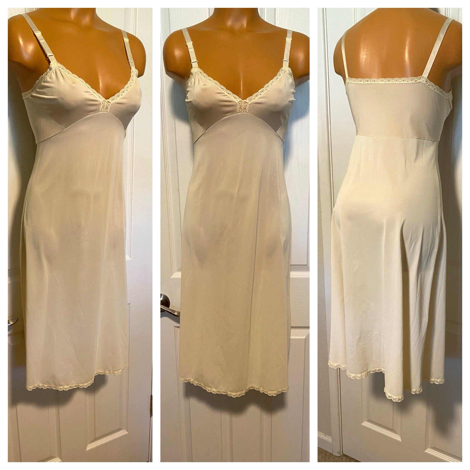 VTG 1960’s SHADOWLINE IVORY W/ SIMPLE LACE TRIM FULL SLIP SZ 32-TALL
