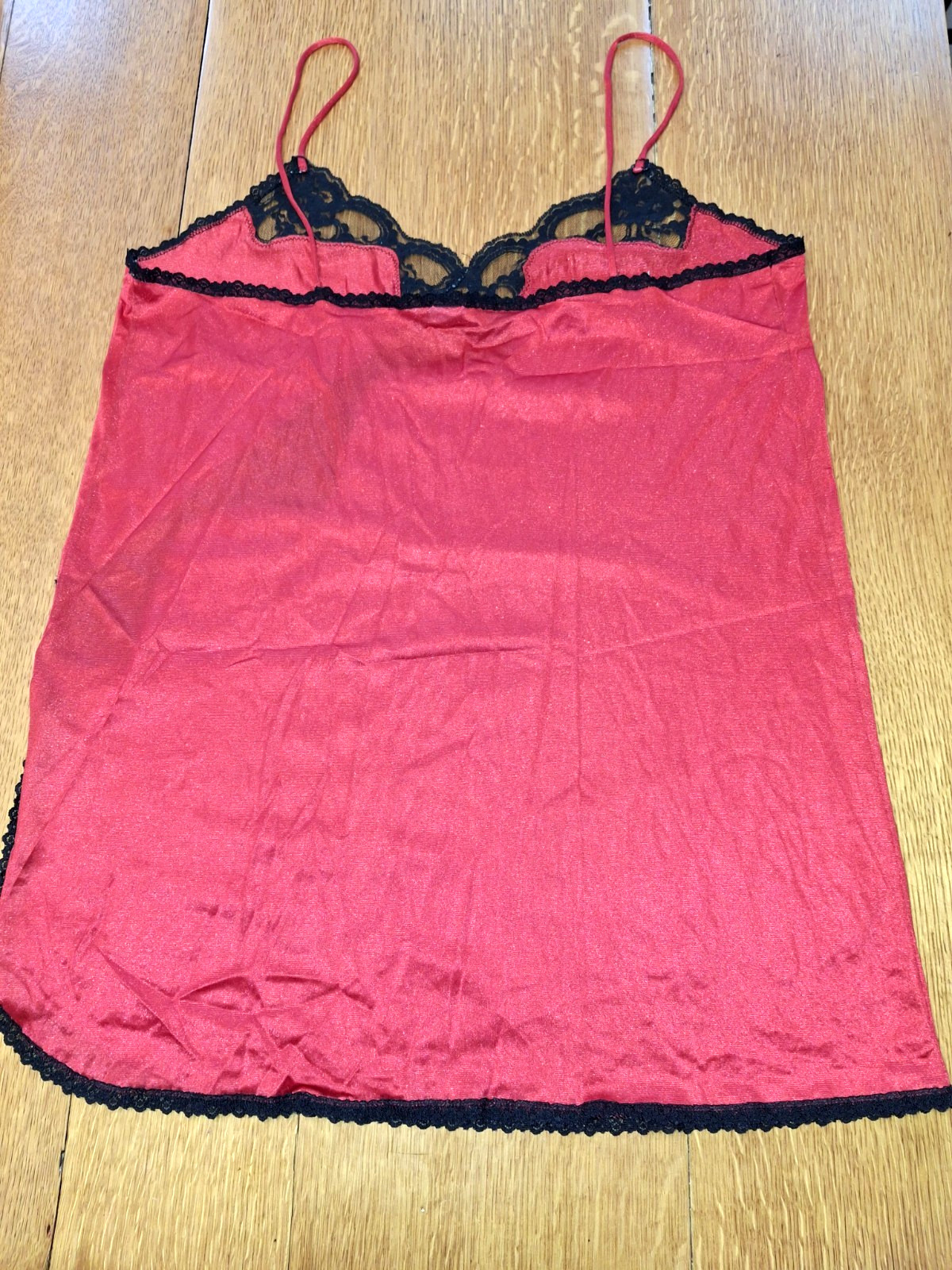 Vintage Red Nylon Black Lace Cami Lingerie Slip Top Spaghetti Straps Slit Side