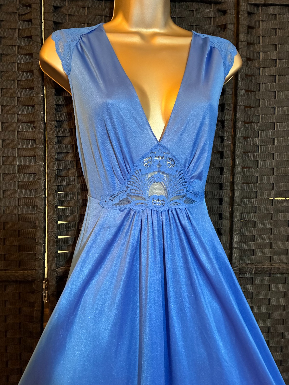 Vintage VAN RAALTE PEIGNOIR SET Medium ROYAL BLUE Sweep GOWN Long ROBE Lace 0215