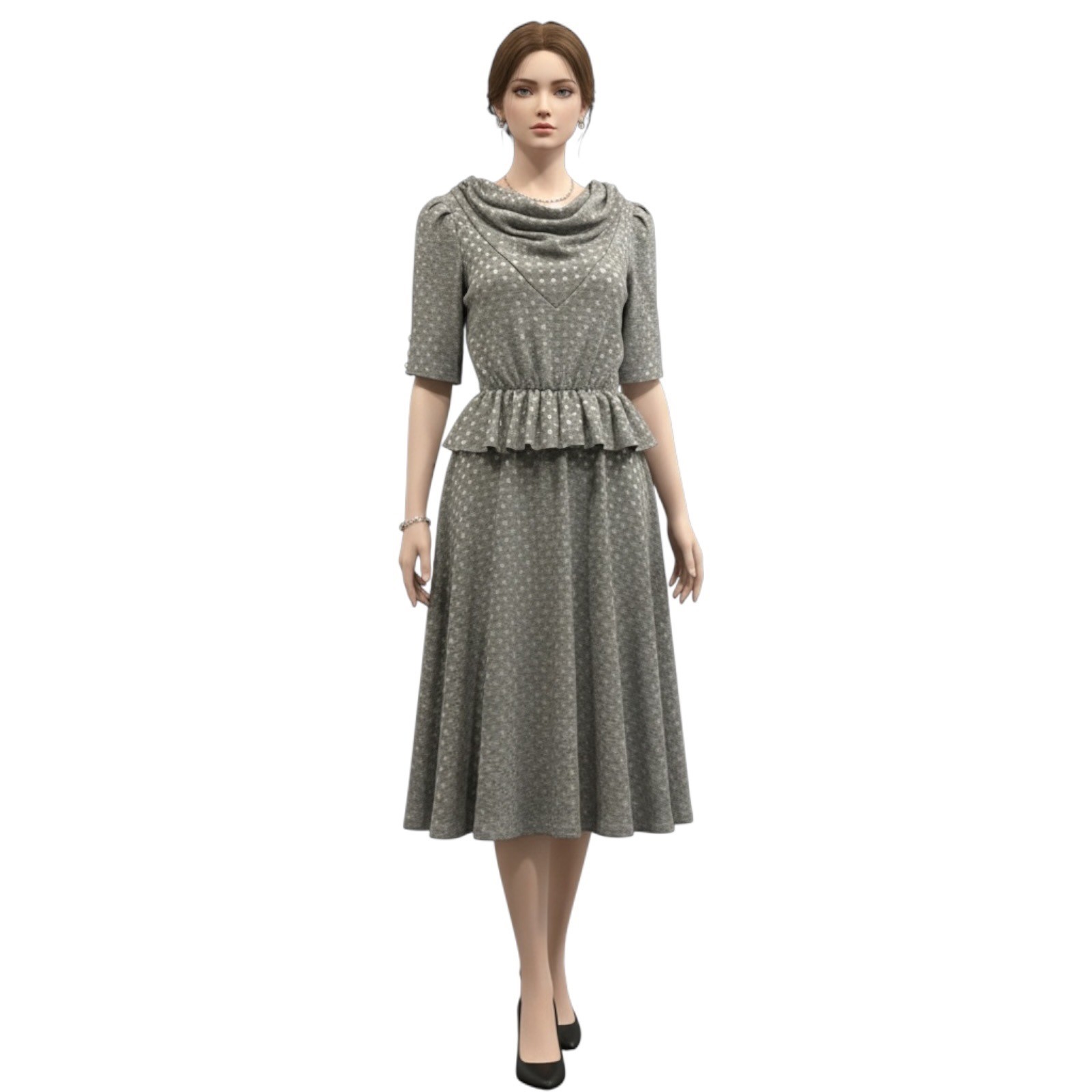 Vintage 80s Midi Gray And White Polka Dot Dress Peplum Gathered Waist Cowl Neck