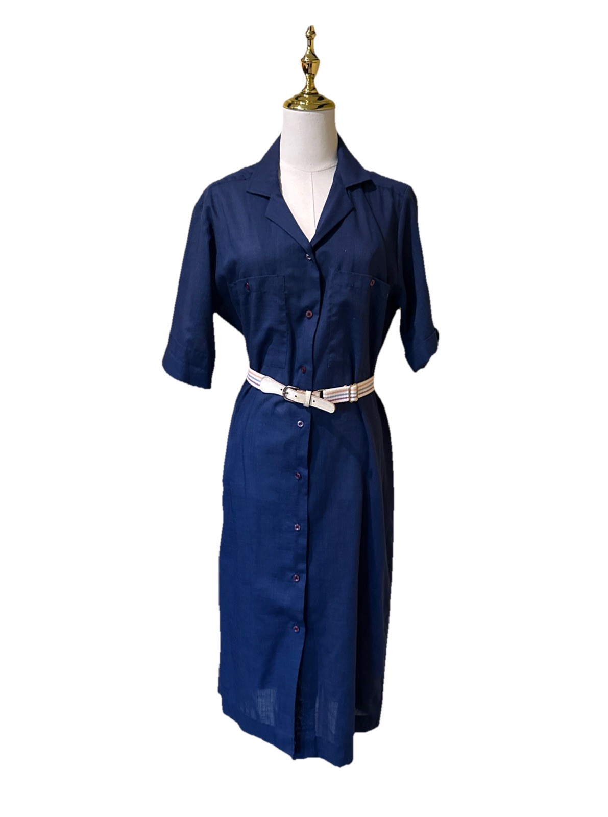 Vintage ShirtMaker 1950s Navy Button Down Shirt Dress With Cream Belt Size 14P