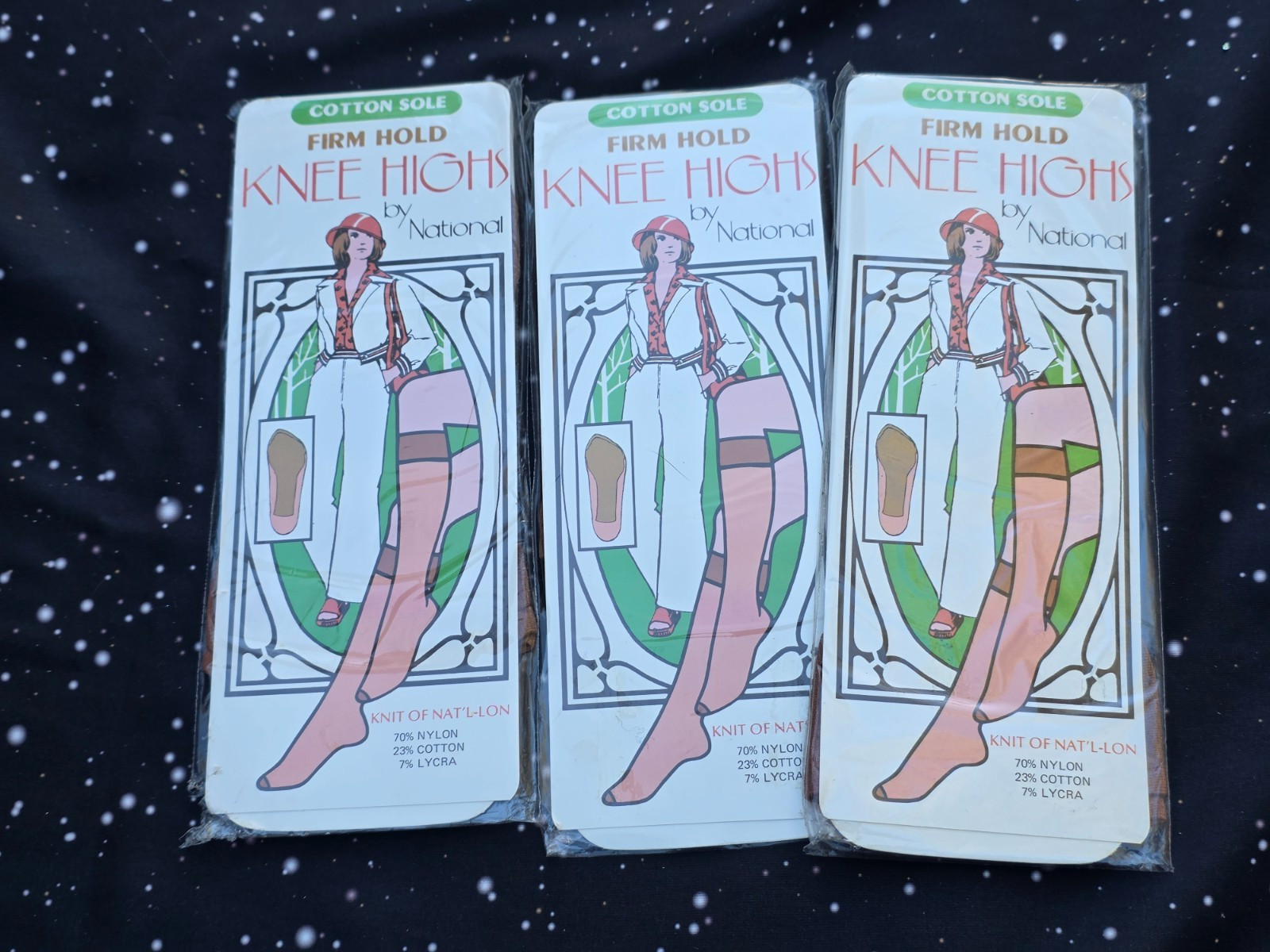 3 Vintage Beige/Tan Knee Highs by National COTTON SOLE FIRM HOLD Sealed NOS USA