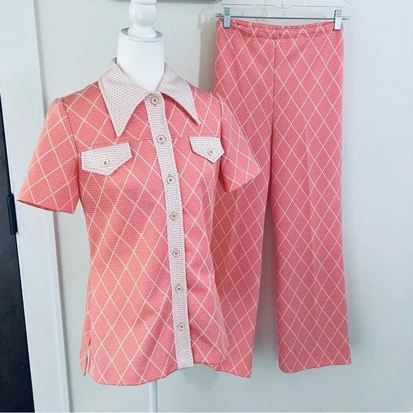 Vintage 1970’s Pink and White Polka Dot Knit Pant Suit by Marty Gutmacher