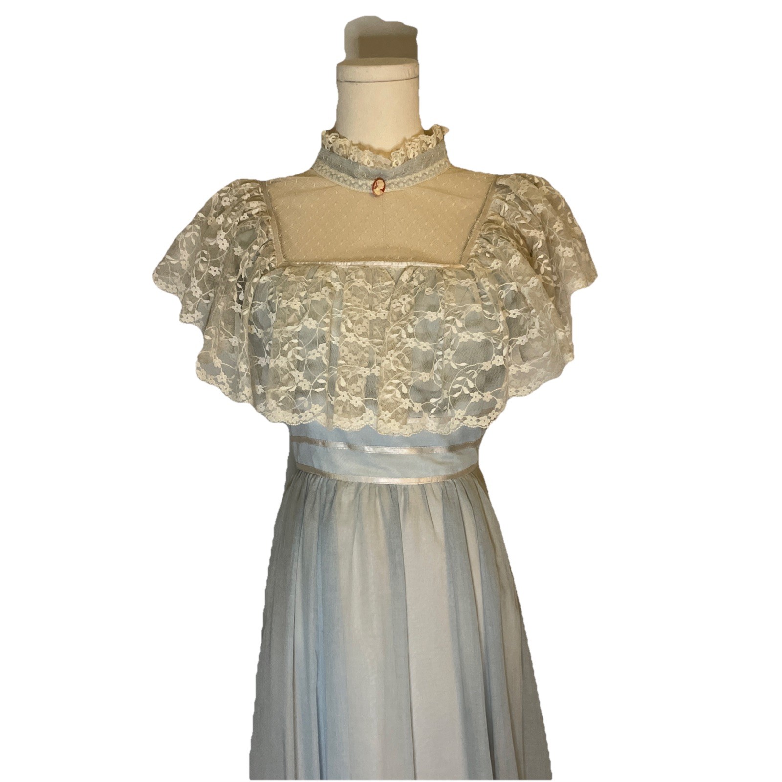 Vintage 70s Candi Jones California Gunne Sax Floral Lace Prairie Cottage Blue