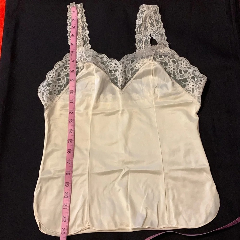 Women’s Ivory Satin Camisole Lingerie Top with Lace Trim, Satin Fabric