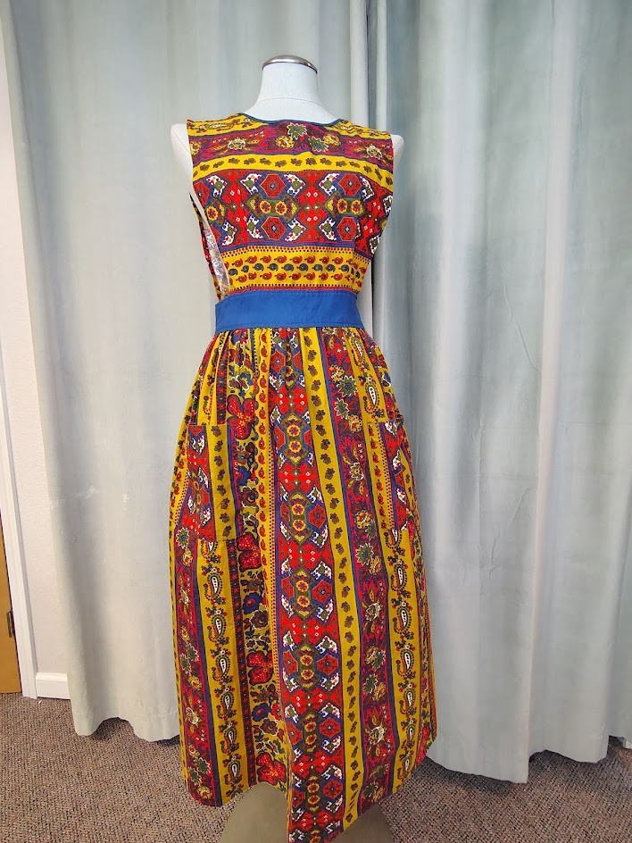 VTG Floral Paisley Bohemian Bib Apron Maxi Dress Design House Japan 60s/70s