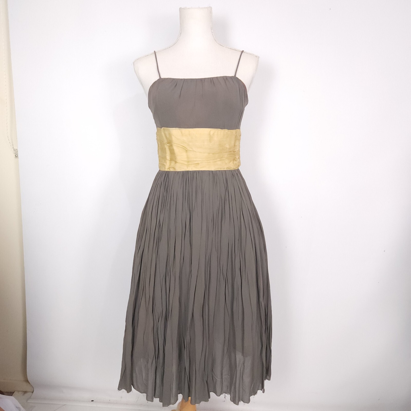 Tea Length 50s Brown Dress Ladies S Pleat Sash Pinup Housewife Mad Men Trad Wife