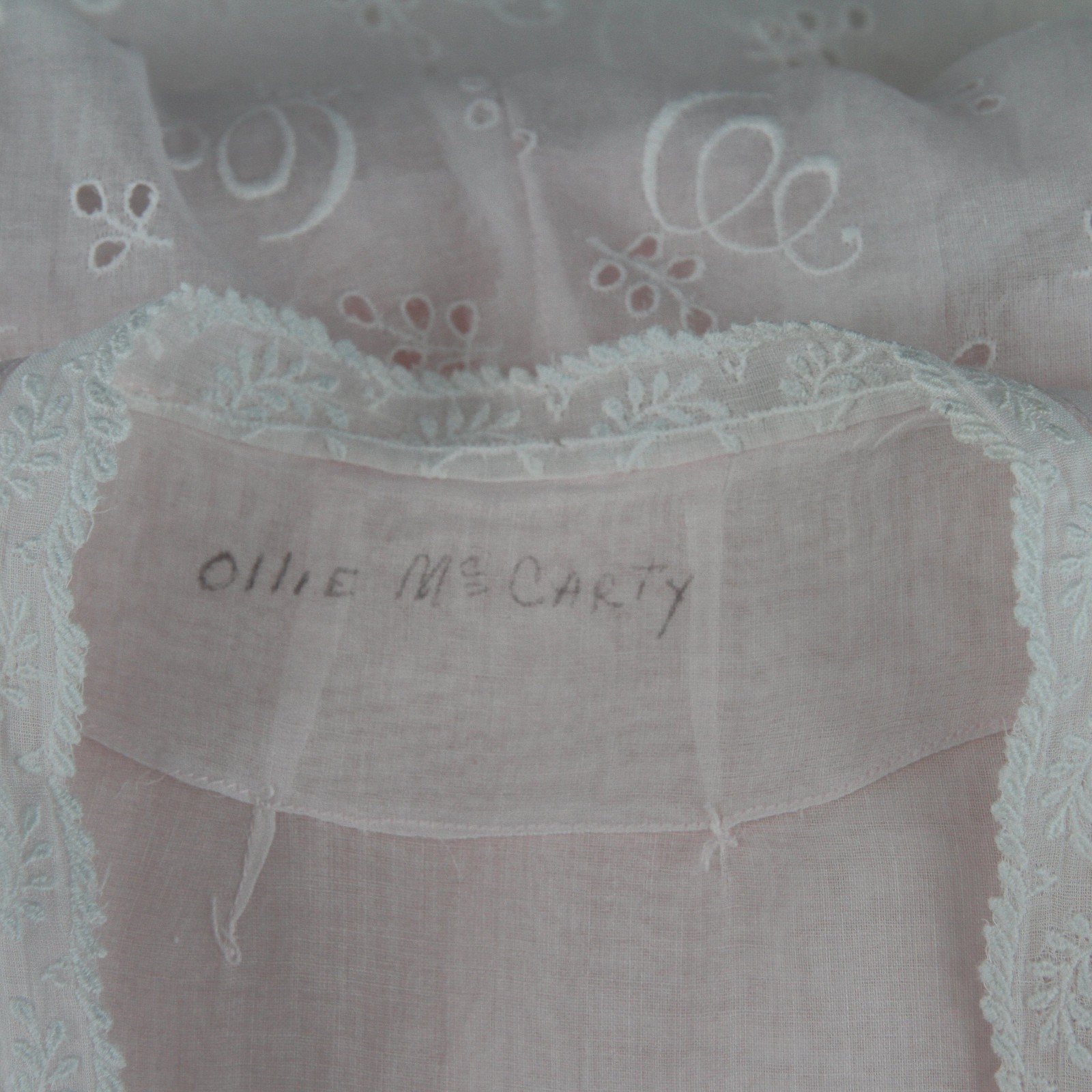 Vintage 1940s-50s Pink Organdy Embroidered Dress Lace Trim Hand Sewn Hem