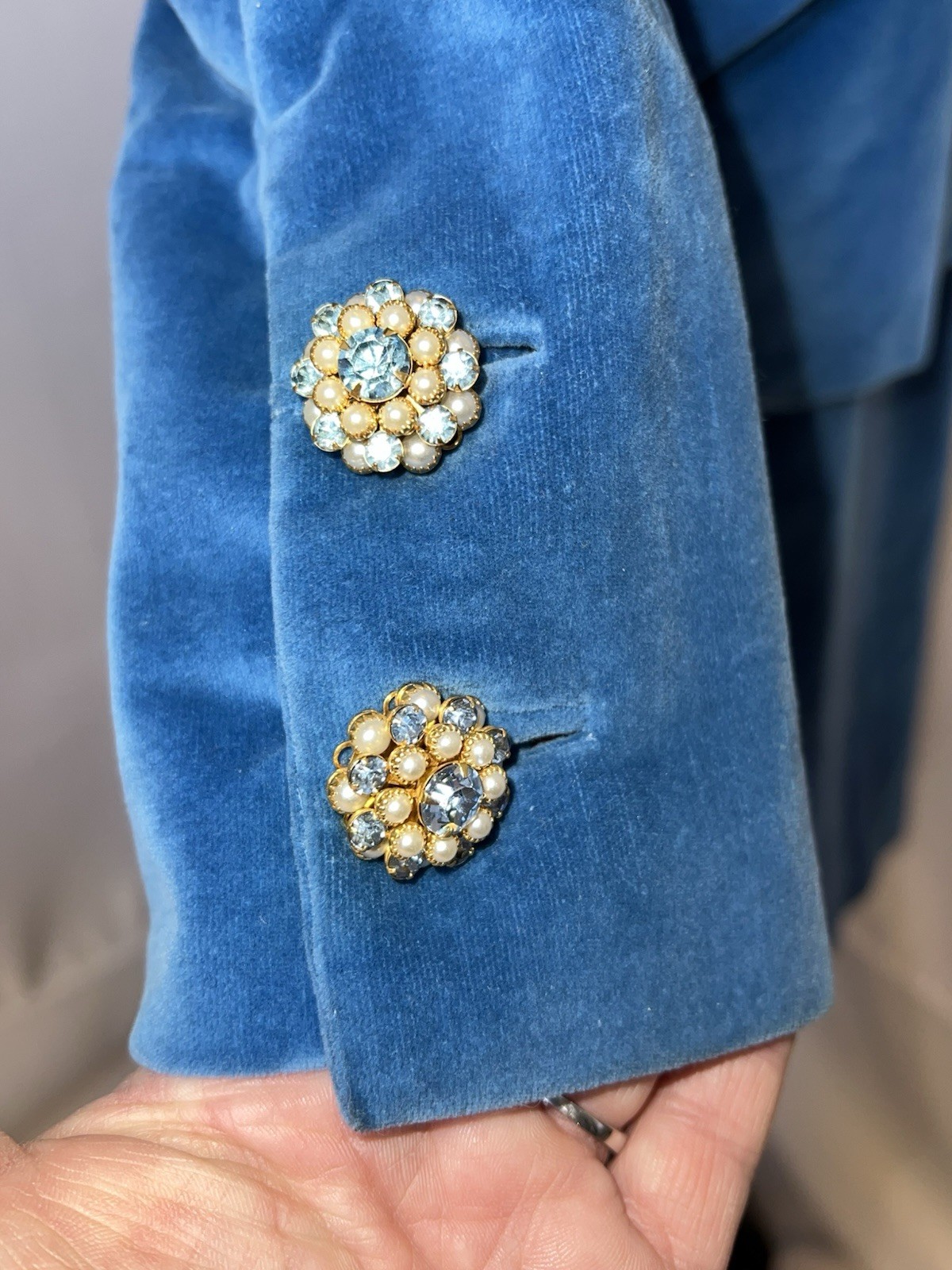 Vintage Unbranded Dress Two Piece Set Jacket Blue Velvet 60 Jeweled Buttons u90