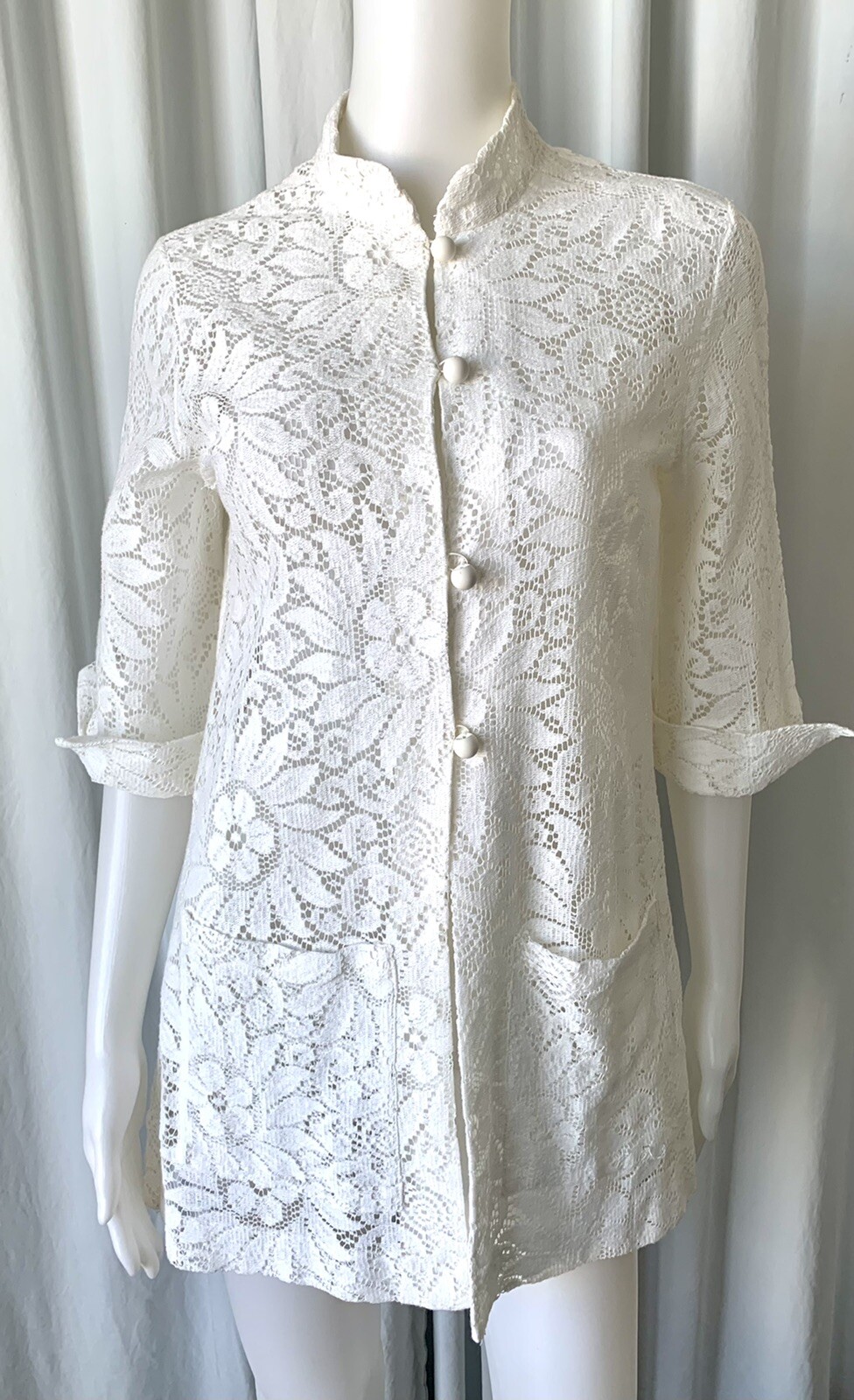 Vintage 70s Harbour Casuals LTD White lace Asian tunic L