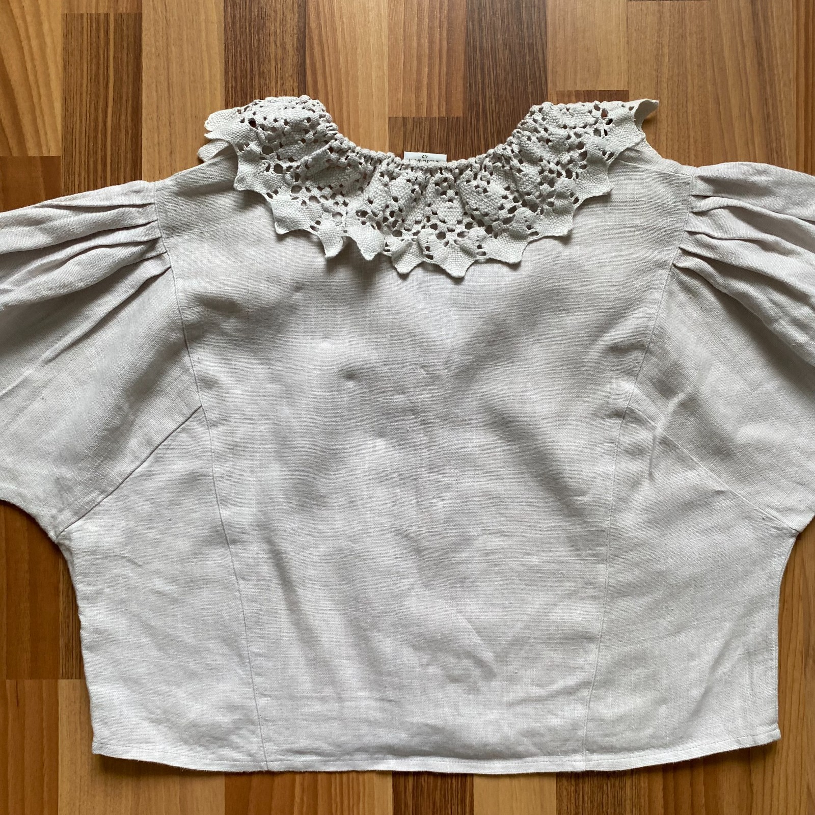 HESS FRACKMANN Linen Blouse Button Front Peasant Folk Edwardian Puff Sleeves 42