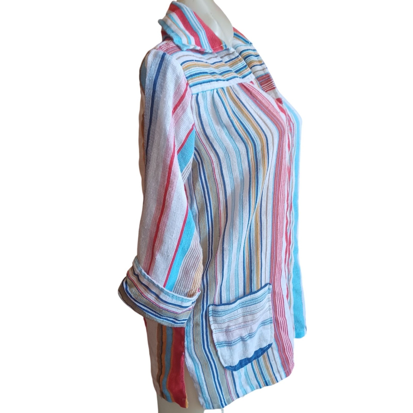 True Vintage Hippy Top Medium Colorful Striped 1970’s Boho Tunic Shirt Pocket
