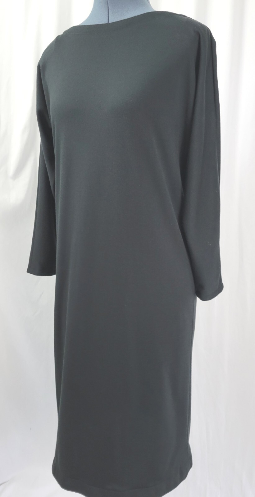 Vtg New Raves Black Knit Back Button Down Shift Dress w Batwing Sleeves Size S?