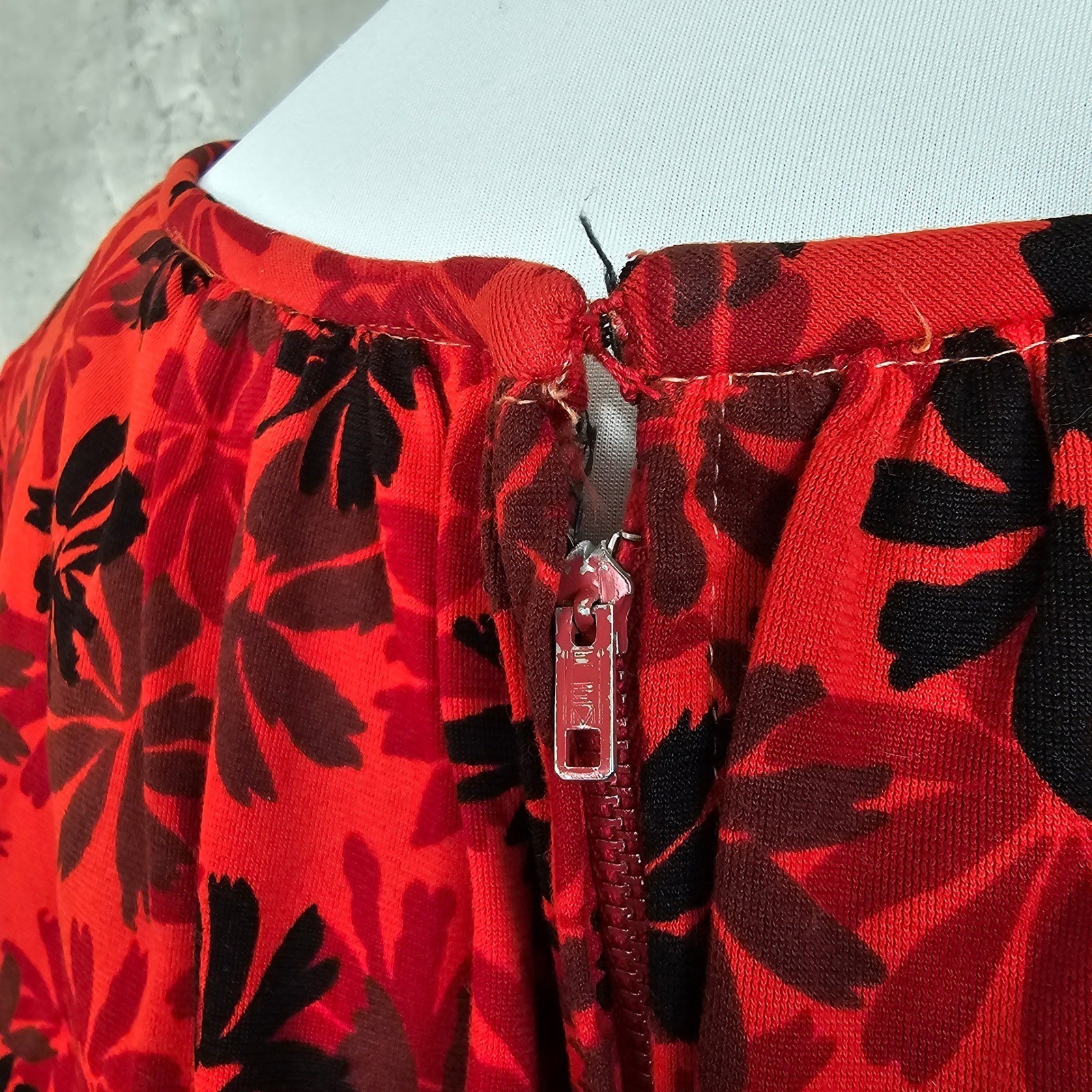 Vintage 60s Red Black Floral Wiggle Draped Back Dress Bow Waist Cocktail Party