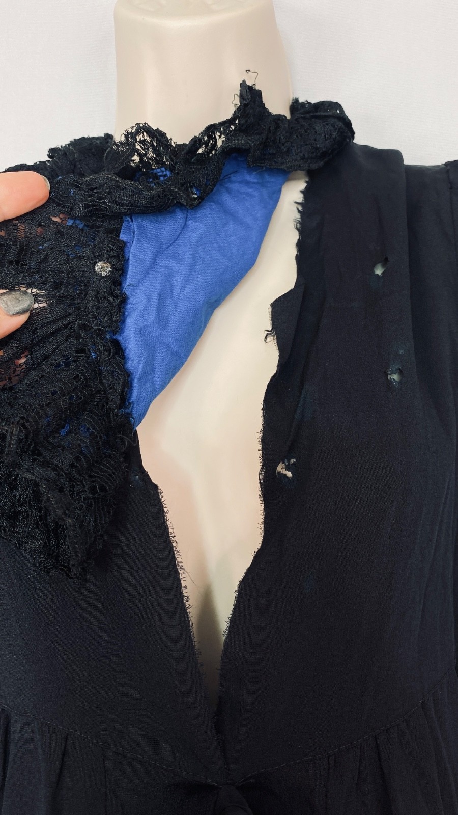 Vintage 1900s black dress XXS teen girls’ long puffed sleeves blue lace midi