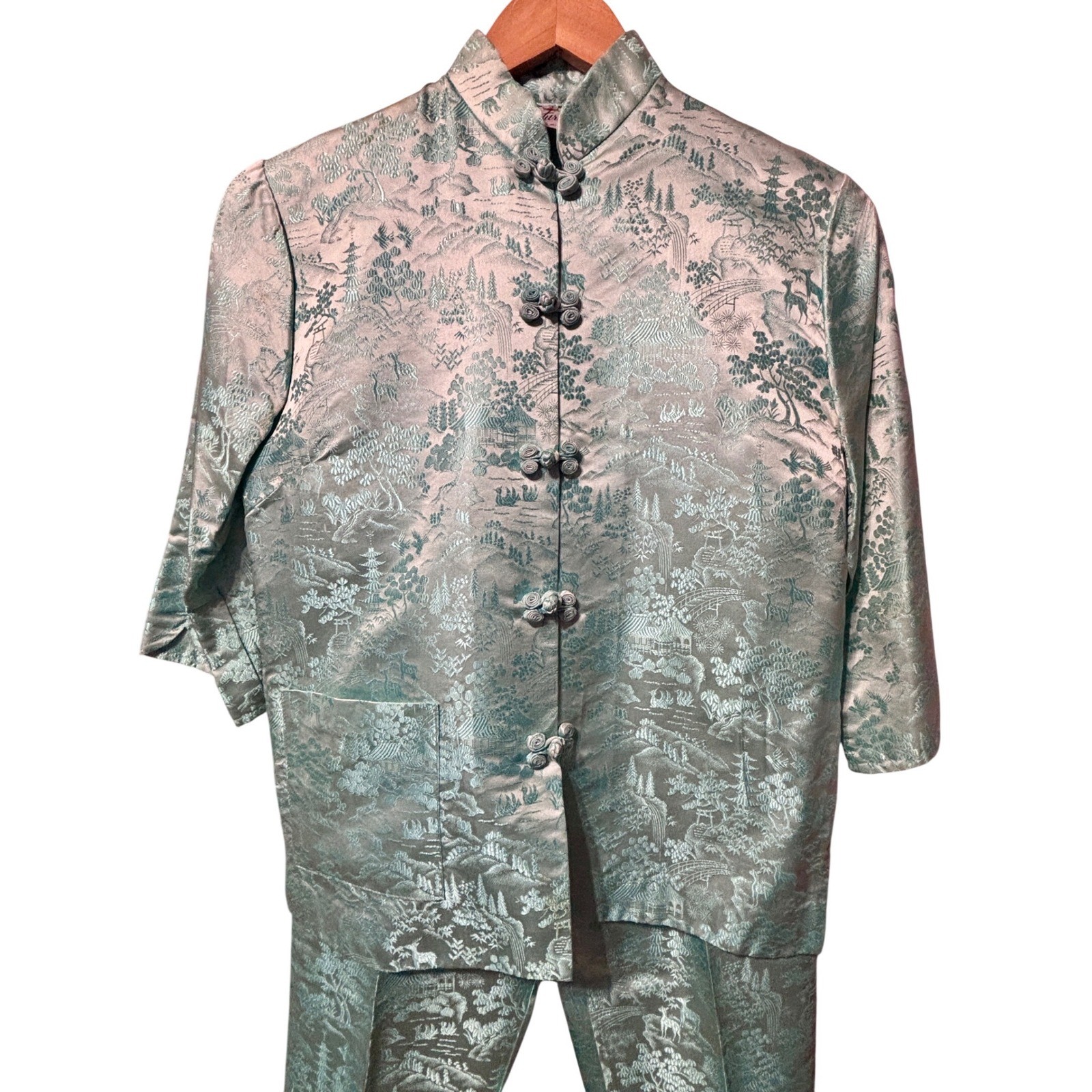 Couturiere Vintage Brocade Pant Set Women S Green Excellent Scenic Pagoda Japan