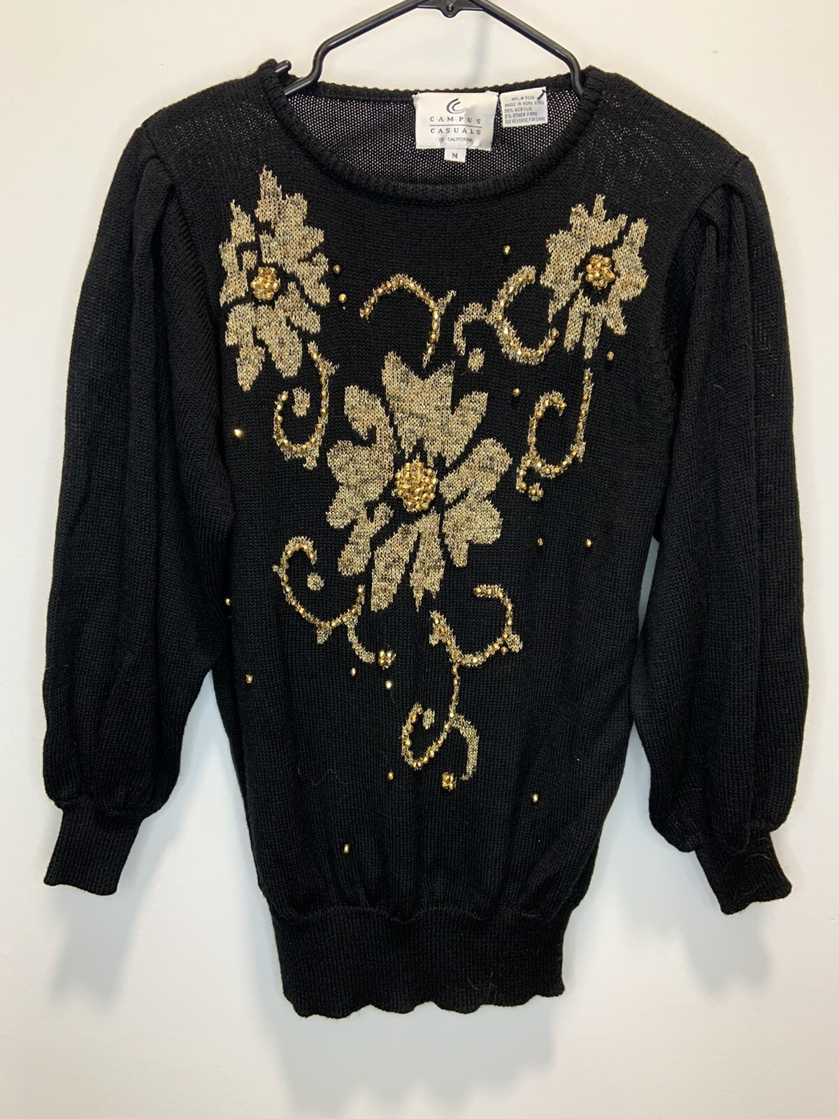 Campus Casual Of CA Vintage Sweater Womens M Black Gold Embellished Floral