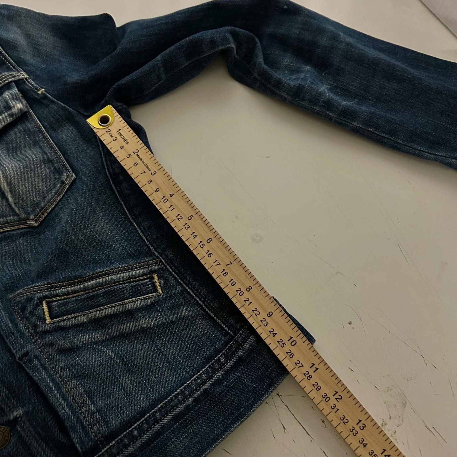 Vintage USA made 7 For All Mankind Denim Trucker Jacket Medium Wash Cinch