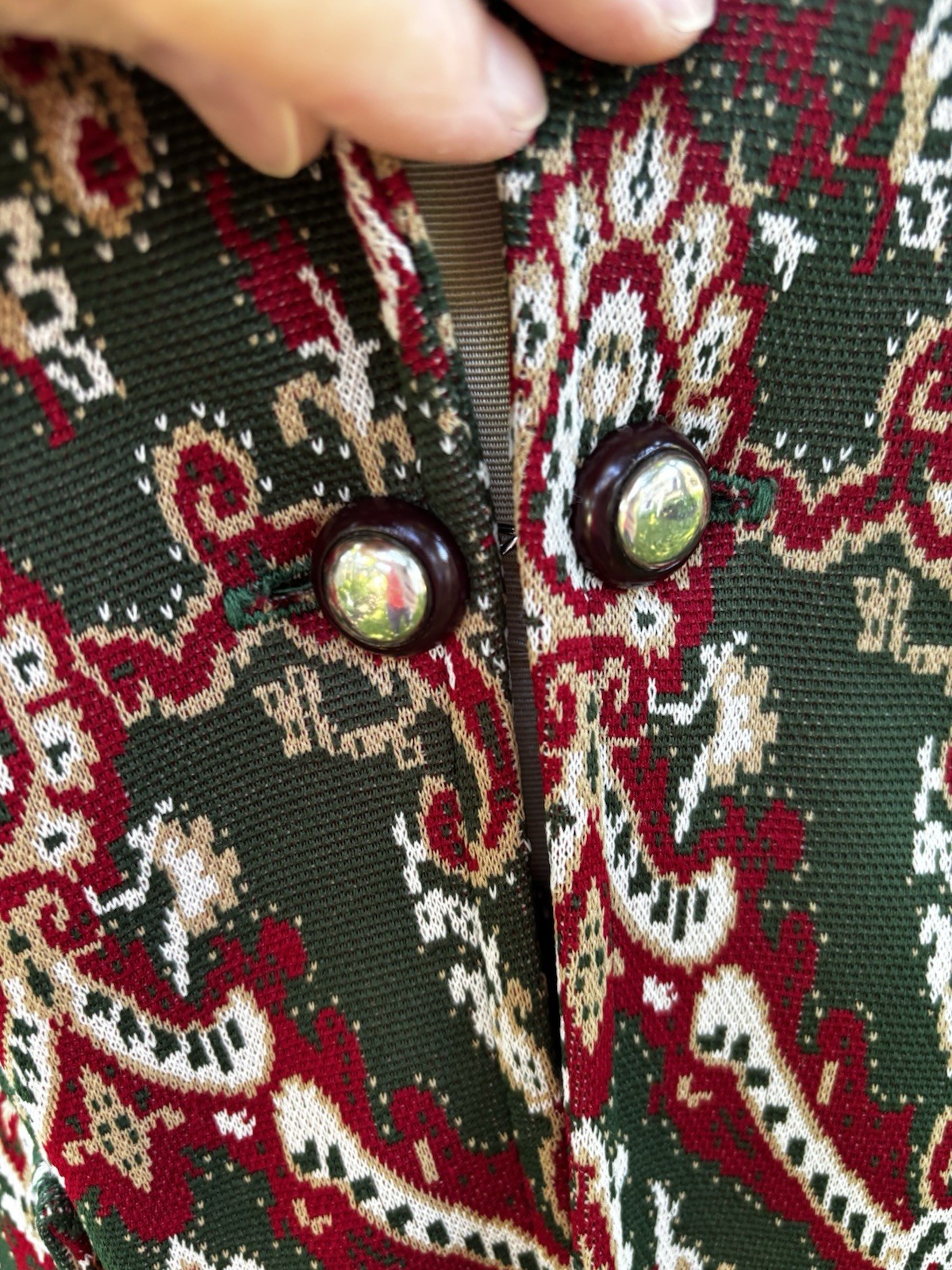 VTG 70s Leisure Suit Paisley Green Red Polyester Women Sz S Bust 34″ Skirt 26W”