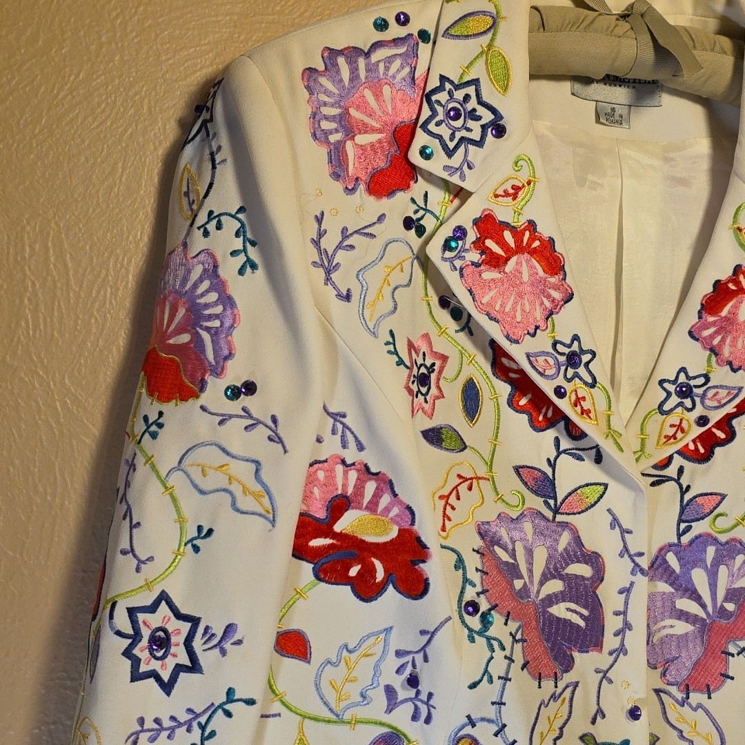 Vtg John Meyer of Norwich Floral Embroidered Jacket Blazer White Sz 16 Romania