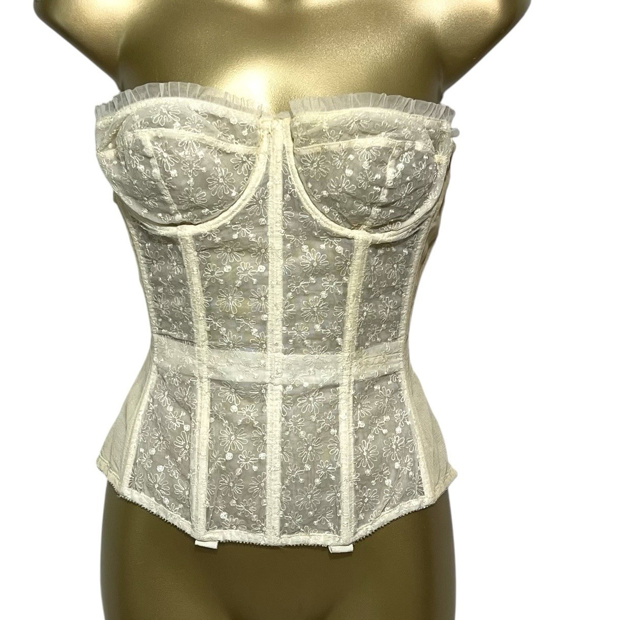 Vintage 1950s Warner’s Merry Widow Ivory Lace Boned Bustier Corset Size 34/35c