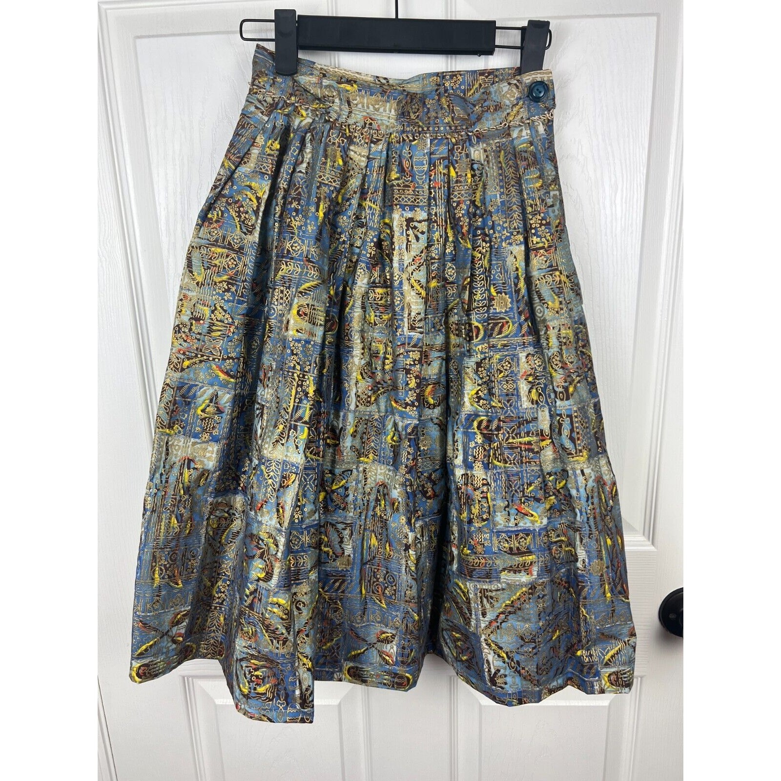 Vintage Doris Dodson Metallic Poplin Pleated Skirt XXS XS Blue Gold 50s Novelty