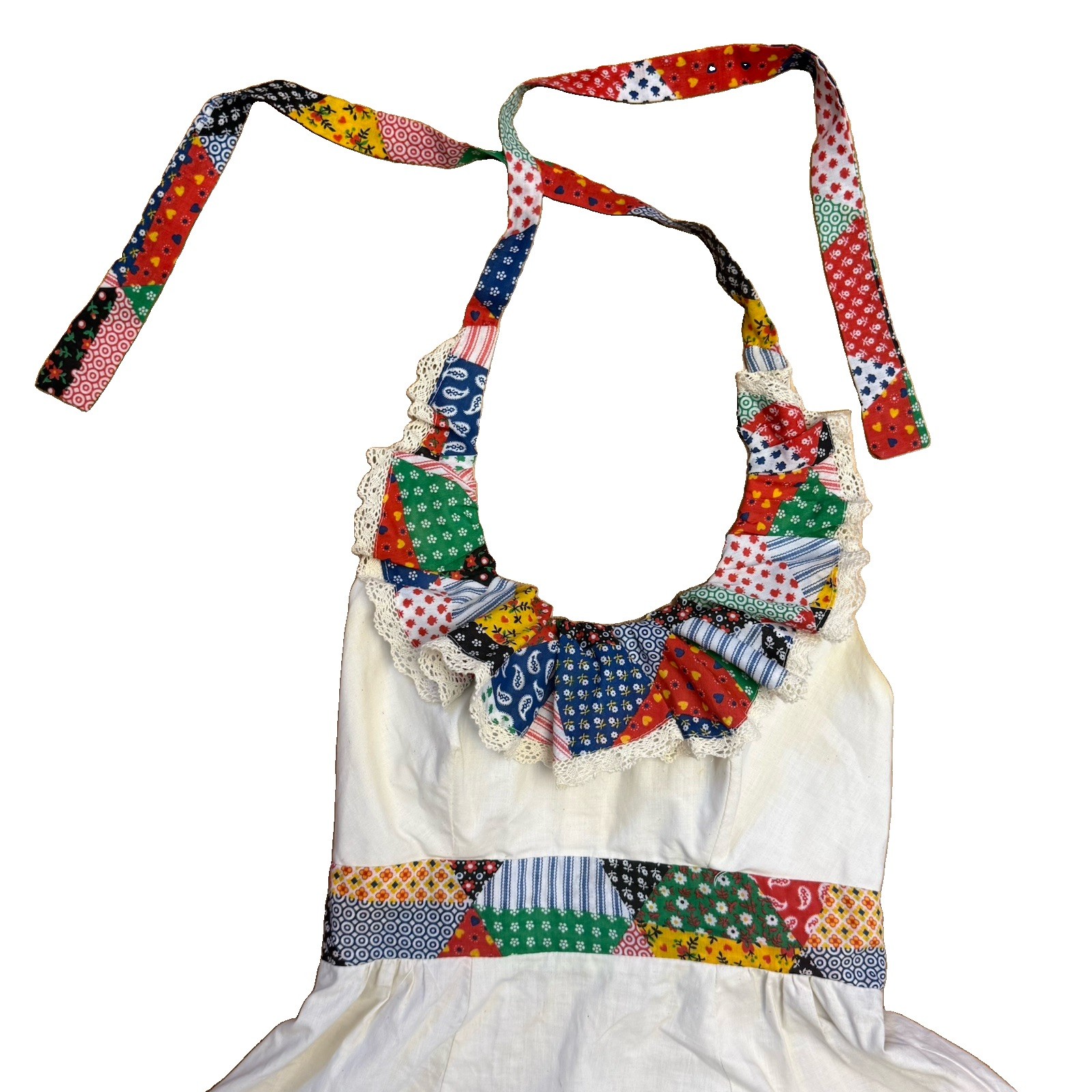 Vintage 70s Patchwork Prairie Halter Dress Size 9 XS Cottagecore Maxi Ruffle
