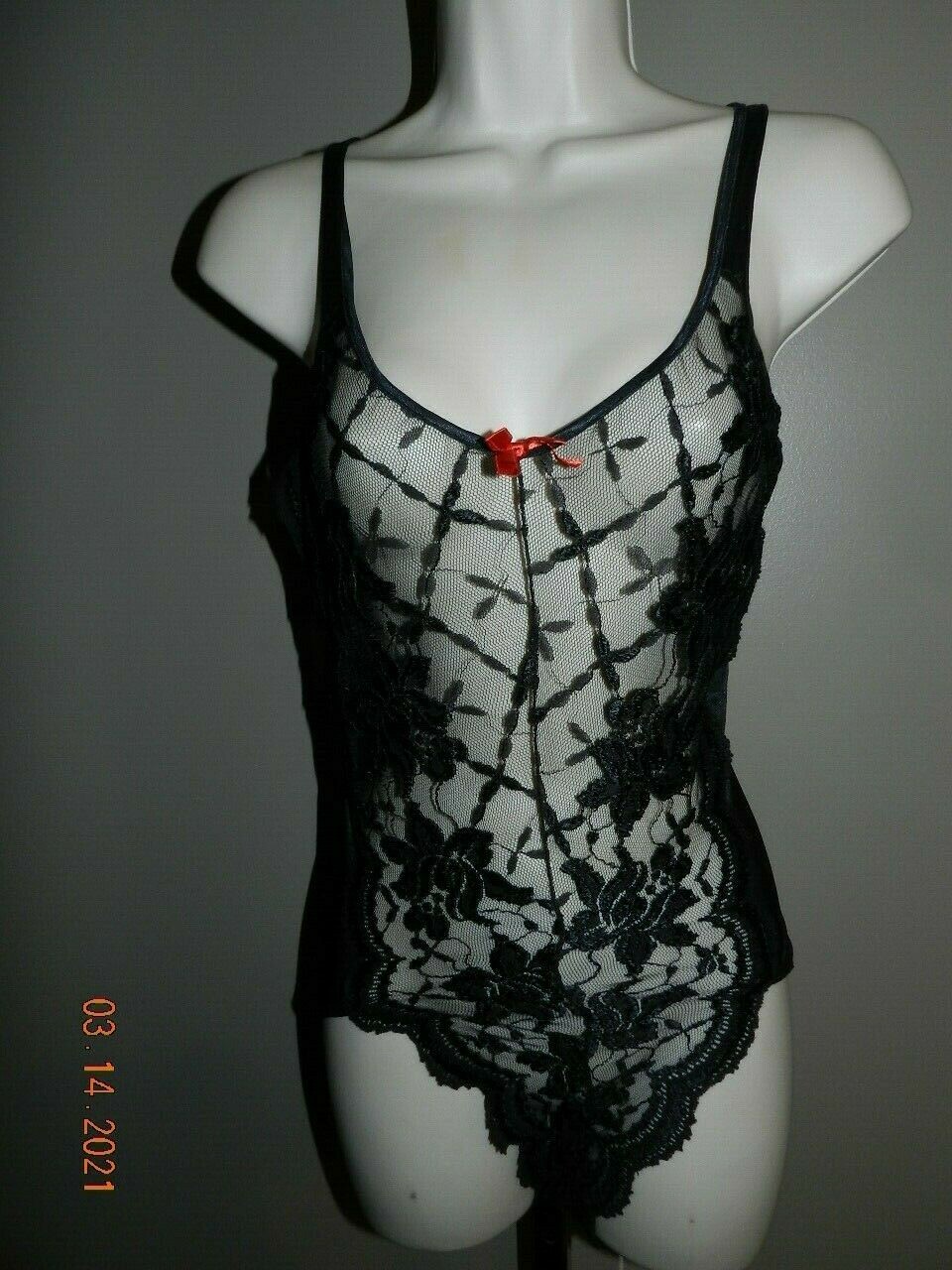 Lady Cameo small S 9020 sheer black lacy teddy snap crotch
