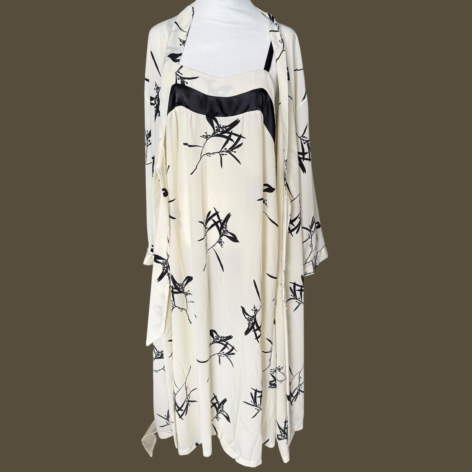VTG Lotus Silk Chiffon 2pc Night Gown Robe Set Black Cream Floral Hollywood Glam
