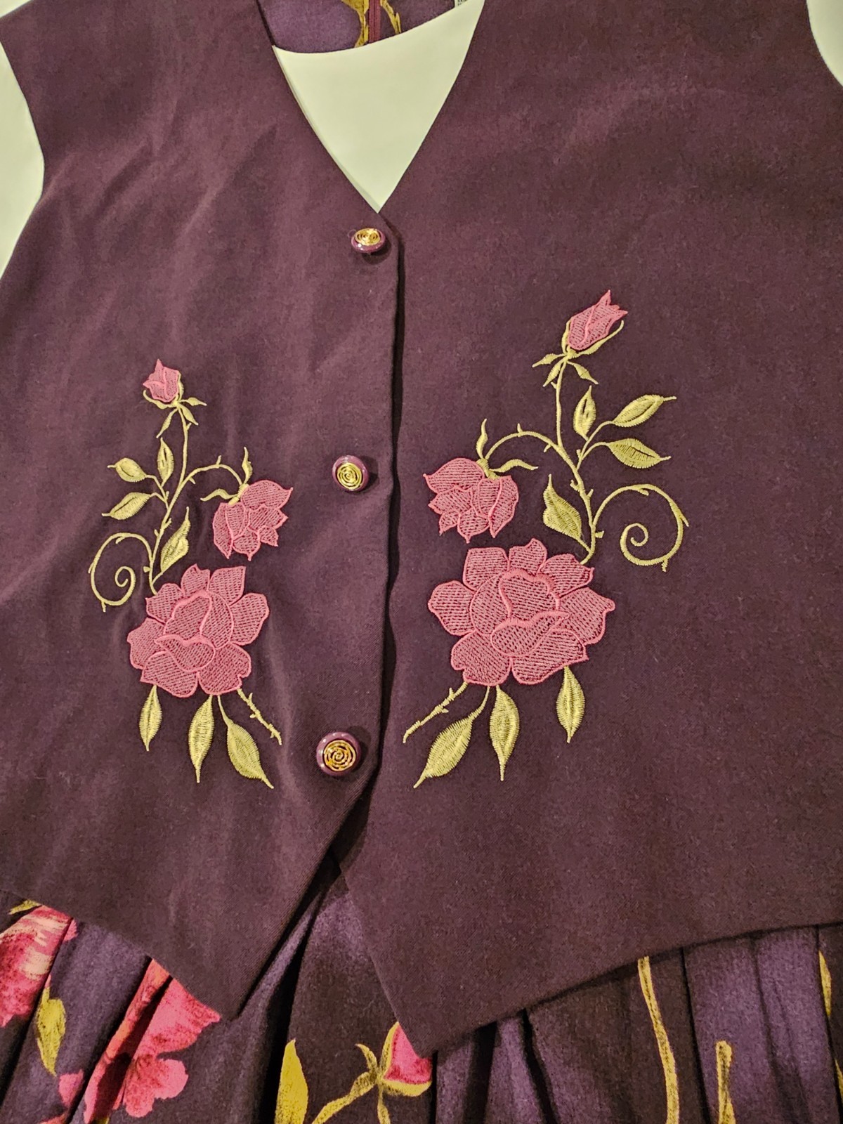 VTG Just In Thyme Dress Purple Rose 80s 90s Tie Waist Vest Size 14 WHIMSIGOTH